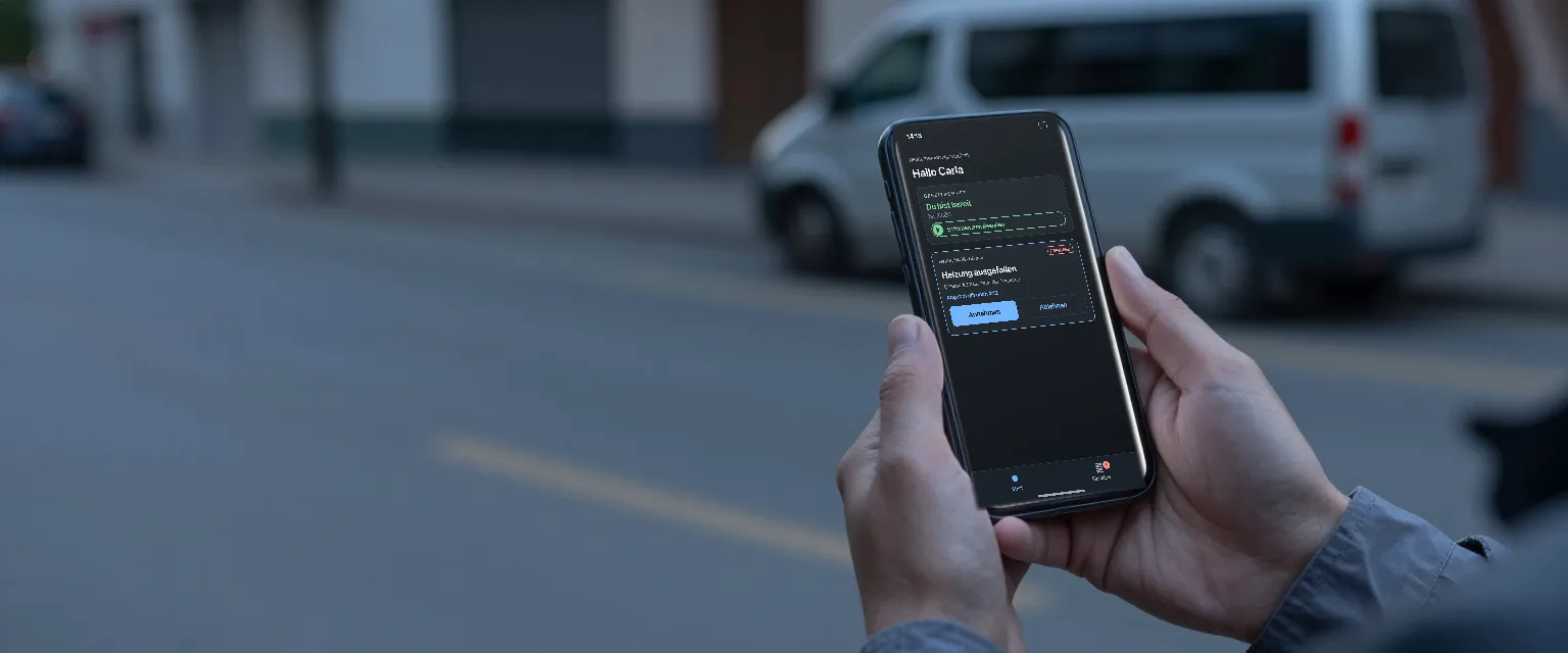A worker holds a phone showing an offered job with accept and decline buttons.